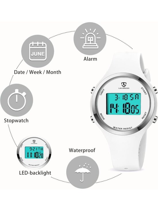 Womens All White Quartz Chronograph Waterproof Outdoor Sport Alarm Digital Watch